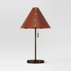 Table Lamp With Leather Shade Brown - Threshold™: Metal Base, Cone Shape, No Assembly, SGS Certified, 20" Height