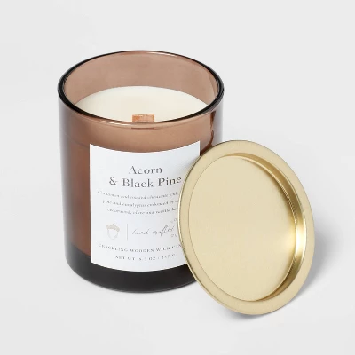 Clear Colored Glass With Woodwick And Brass Metal Inset Lid Acorn + Black Pine Candle Brown - Threshold™ 3 Clear Colored Glass With Woodwick And Brass Metal Inset Lid Acorn + Black Pine Candle Brown - Threshold™ - Image 3
